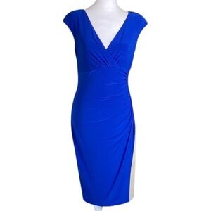Chap’s Blue Stretch Sleeveless V neck ruched mini dress size S